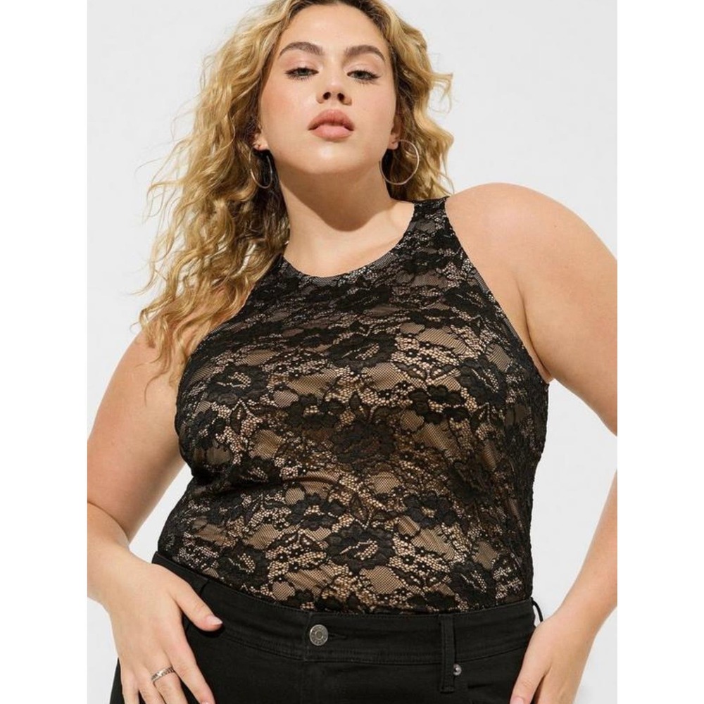 Torrid Women's Deep Black Stretch Lace High Neck Sleeveless Tank Top